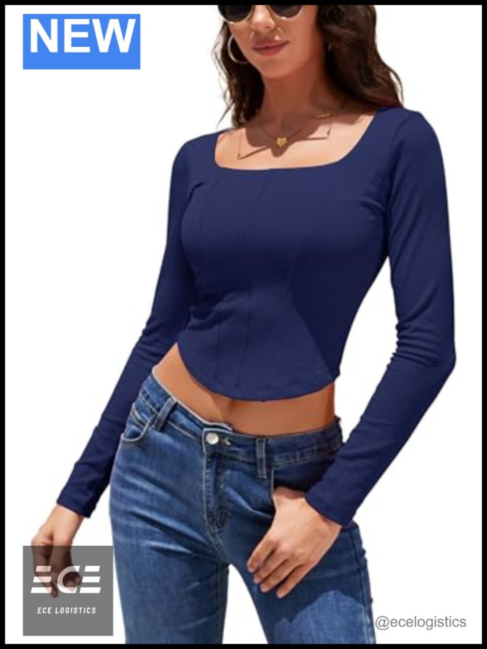 Double Lined Cropped Long Sleeve Square Neck Ribbed Cotton Fitted Top